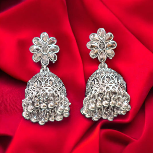 Traditional Oxidised Stone Studded Jhumka Earrings