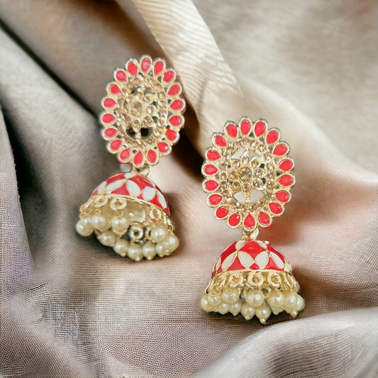 Handcrafted Red Minakari Jhumka Earrings