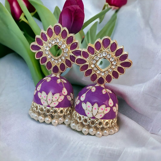 Vibrant Purple Minakari Jhumka with Studded Stones