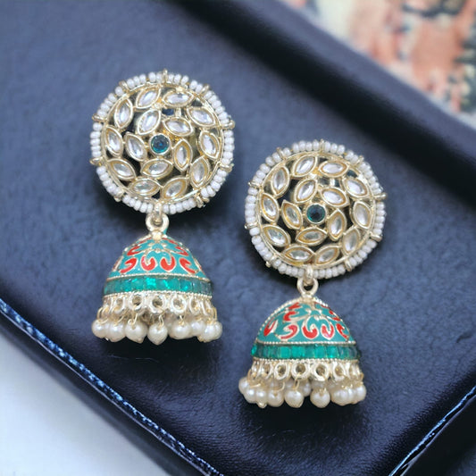 Embedded Pearl Minakari Emerald Jhumka Earrings
