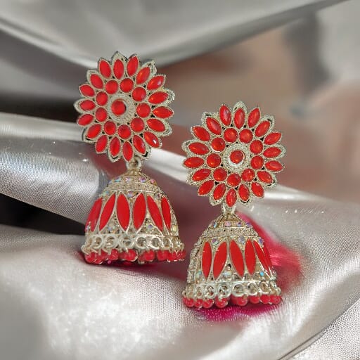 Red Coloured Stone Studded Earrings Jhumkas